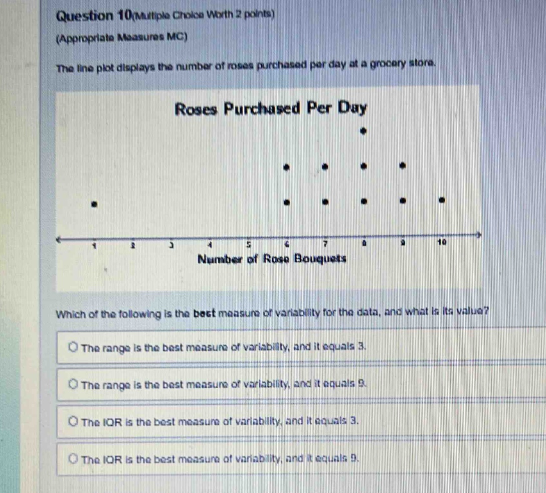 question 10(multiple choice worth 2 points) (appropriate measures mc) the line plot displays the number of roses purchased per day at a grocery store. roses purchased per day number of rose bouquets which of the following is the best measure of variability for the data, and what is its value? the range is the best measure of variability, and it equals 3. the range is the best measure of variability, and it equals 9. the iqr is the best measure of variability, and it equals 3. the iqr is the best measure of variability, and it equals 9.
