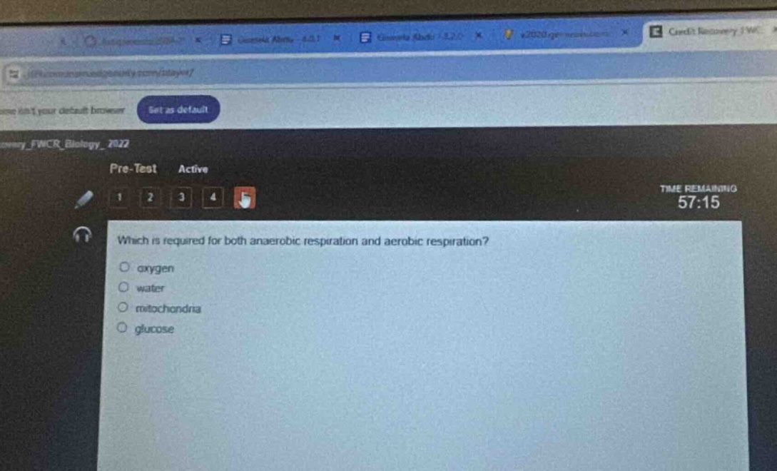 which is required for both anaerobic respiration and aerobic respiration?\noxygen\nwater\nmitochondria\nglucose