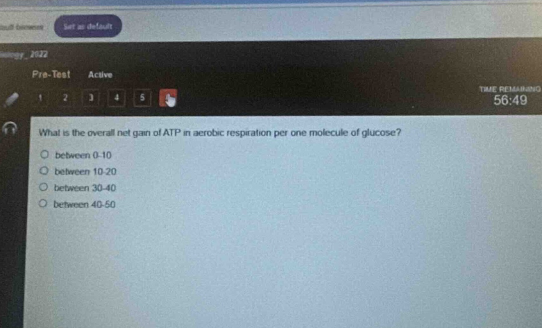 what is the overall net gain of atp in aerobic respiration per one molecule of glucose?\no between 0 - 10\no between 10 - 20\no between 30 - 40\no between 40 - 50