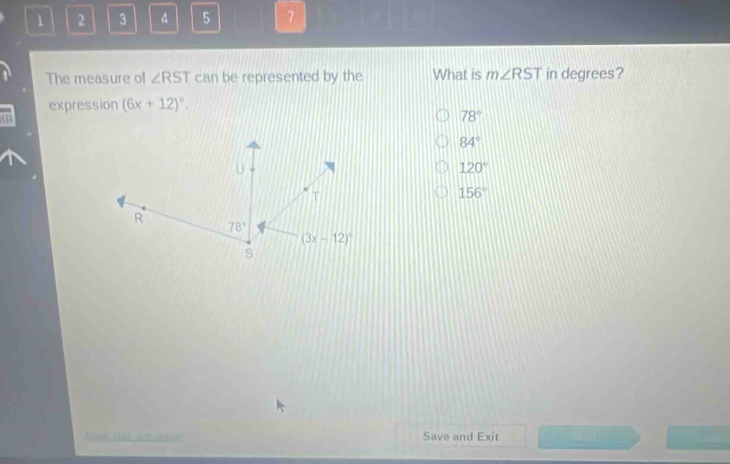 the measure of ∠rst can be represented by the expression (6x + 12)°. what is m∠rst in degrees? 78° 84° 120° 156°