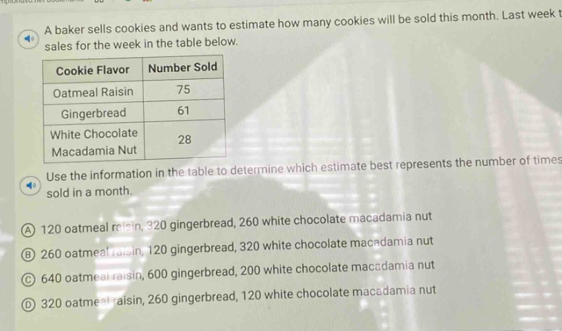 a baker sells cookies and wants to estimate how many cookies will be sold this month. last week t sales for the week in the table below.\ncookie flavor number sold\noatmeal raisin 75\ngingerbread 61\nwhite chocolate macadamia nut 28\nuse the information in the table to determine which estimate best represents the number of times sold in a month.\na 120 oatmeal raisin, 320 gingerbread, 260 white chocolate macadamia nut\nb 260 oatmeal raisin, 120 gingerbread, 320 white chocolate macadamia nut\nc 640 oatmeal raisin, 600 gingerbread, 200 white chocolate macadamia nut\nd 320 oatmeal raisin, 260 gingerbread, 120 white chocolate macadamia nut