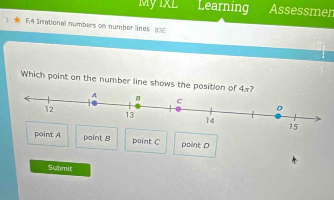 which point on the number line shows the position of 4π? point a point b point c point d