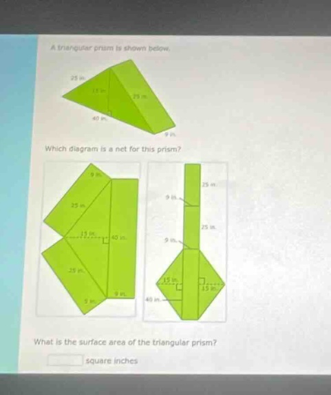 a triangular prism is shown below. which diagram is a net for this prism? what is the surface area of the triangular prism? square inches