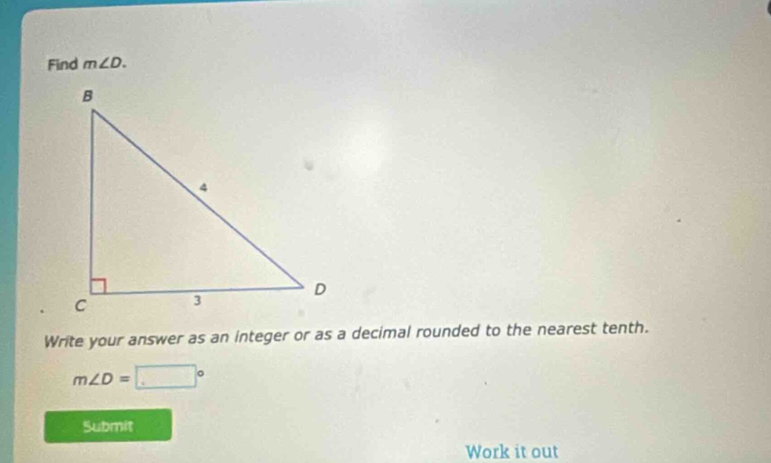 find m∠d. write your answer as an integer or as a decimal rounded to the nearest tenth. m∠d = °