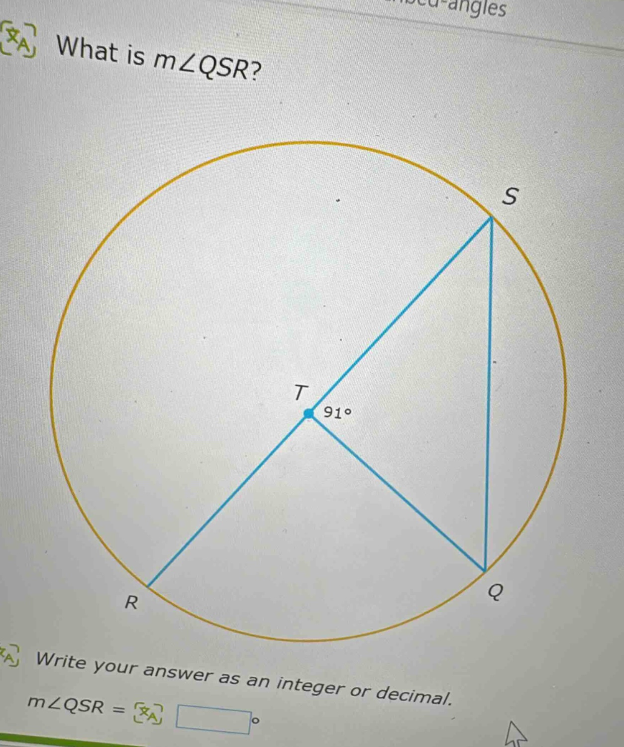 what is m∠qsr? write your answer as an integer or decimal. m∠qsr = °