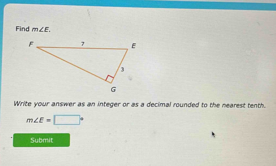 find m∠e. write your answer as an integer or as a decimal rounded to the nearest tenth. m∠e = °