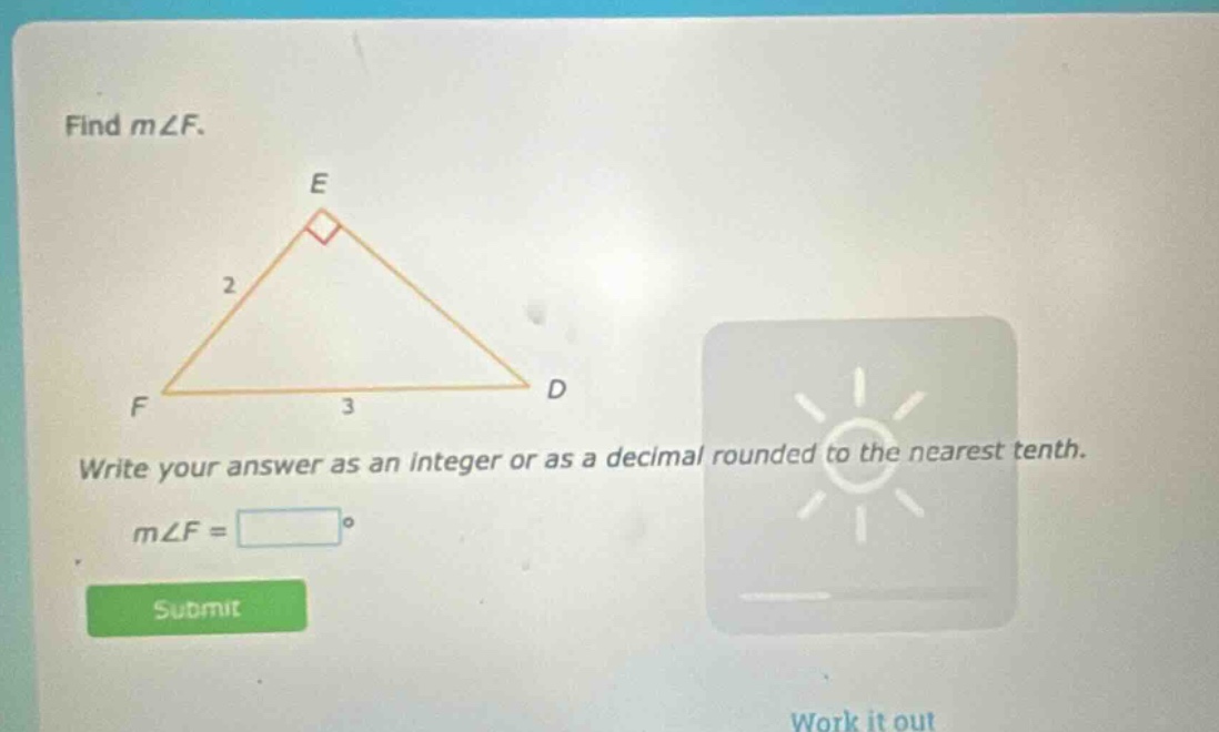 find m∠f. write your answer as an integer or as a decimal rounded to the nearest tenth. m∠f = °