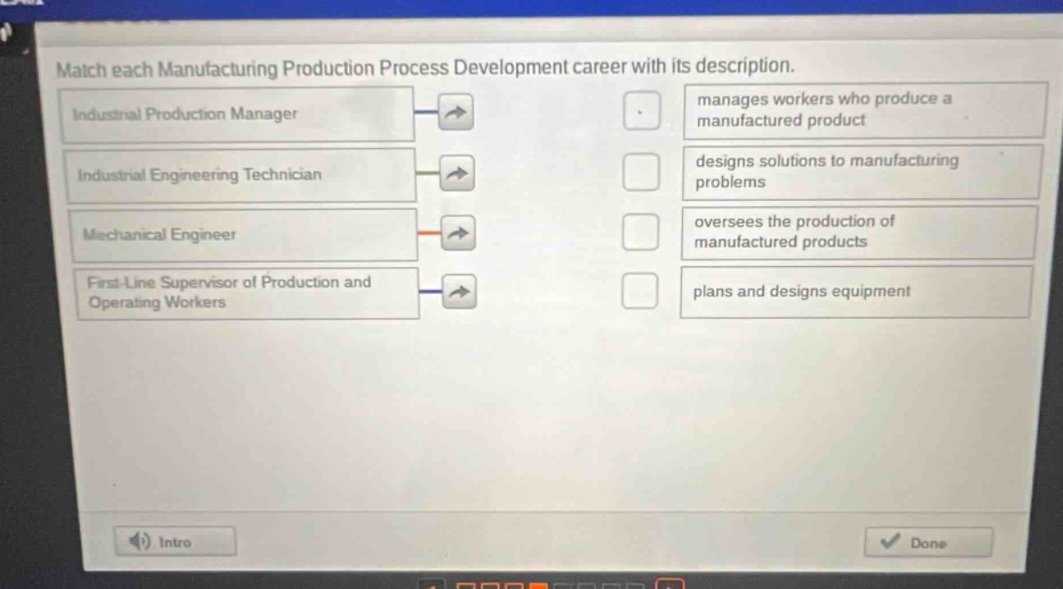 match each manufacturing production process development career with its description. industrial production manager manages workers who produce a manufactured product industrial engineering technician designs solutions to manufacturing problems mechanical engineer oversees the production of manufactured products first - line supervisor of production and operating workers plans and designs equipment