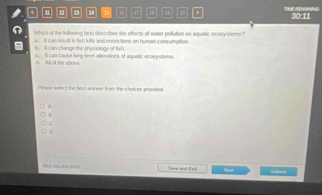 which of the following best describes the effects of water pollution on aquatic ecosystems? a. it can result in fish kills and restrictions on human consumption. b. it can change the physiology of fish. c. it can cause long - term alterations of aquatic ecosystems. d. all of the above please select the best answer from the choices provided