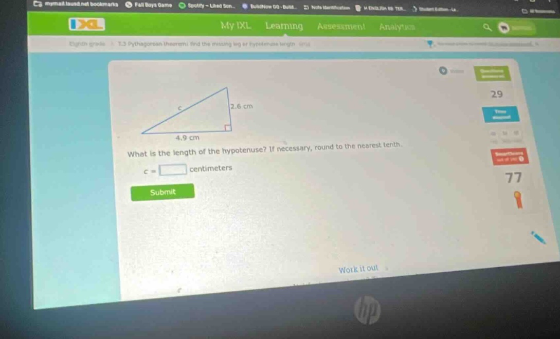 what is the length of the hypotenuse? if necessary, round to the nearest tenth. c = centimeters
