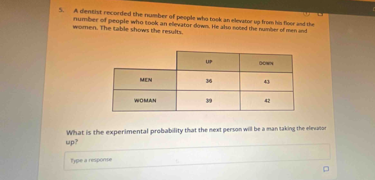 5. a dentist recorded the number of people who took an elevator up from his floor and the number of people who took an elevator down. he also noted the number of men and women. the table shows the results. what is the experimental probability that the next person will be a man taking the elevator up? type a response