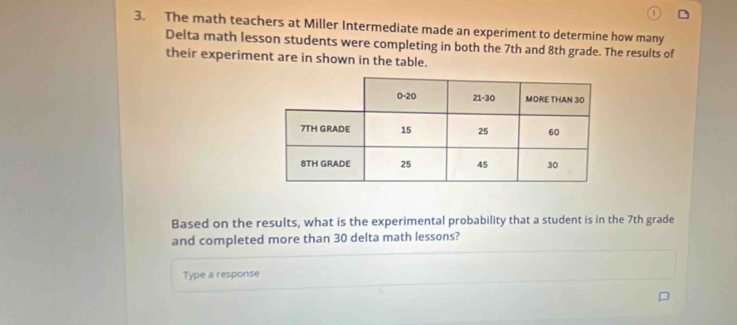 3. the math teachers at miller intermediate made an experiment to determine how many delta math lesson students were completing in both the 7th and 8th grade. the results of their experiment are in shown in the table. based on the results, what is the experimental probability that a student is in the 7th grade and completed more than 30 delta math lessons? type a response
