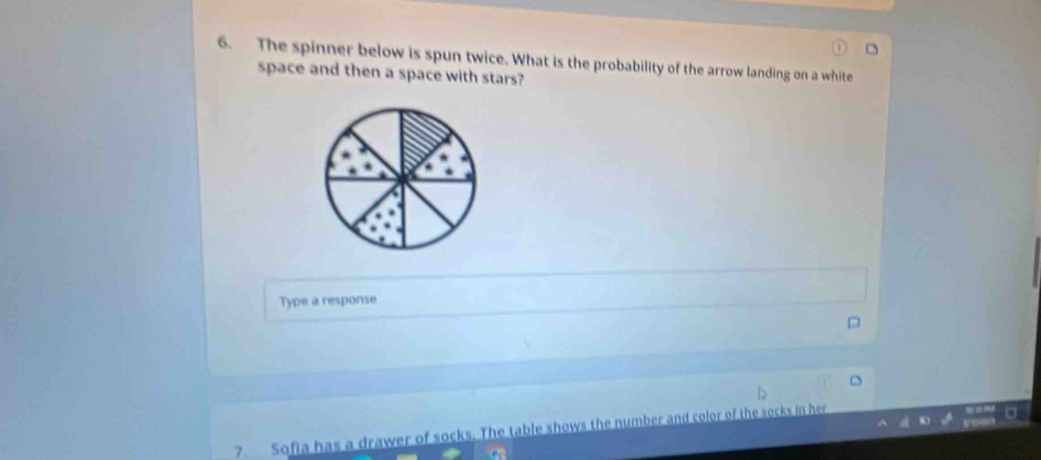 6. the spinner below is spun twice. what is the probability of the arrow landing on a white space and then a space with stars?