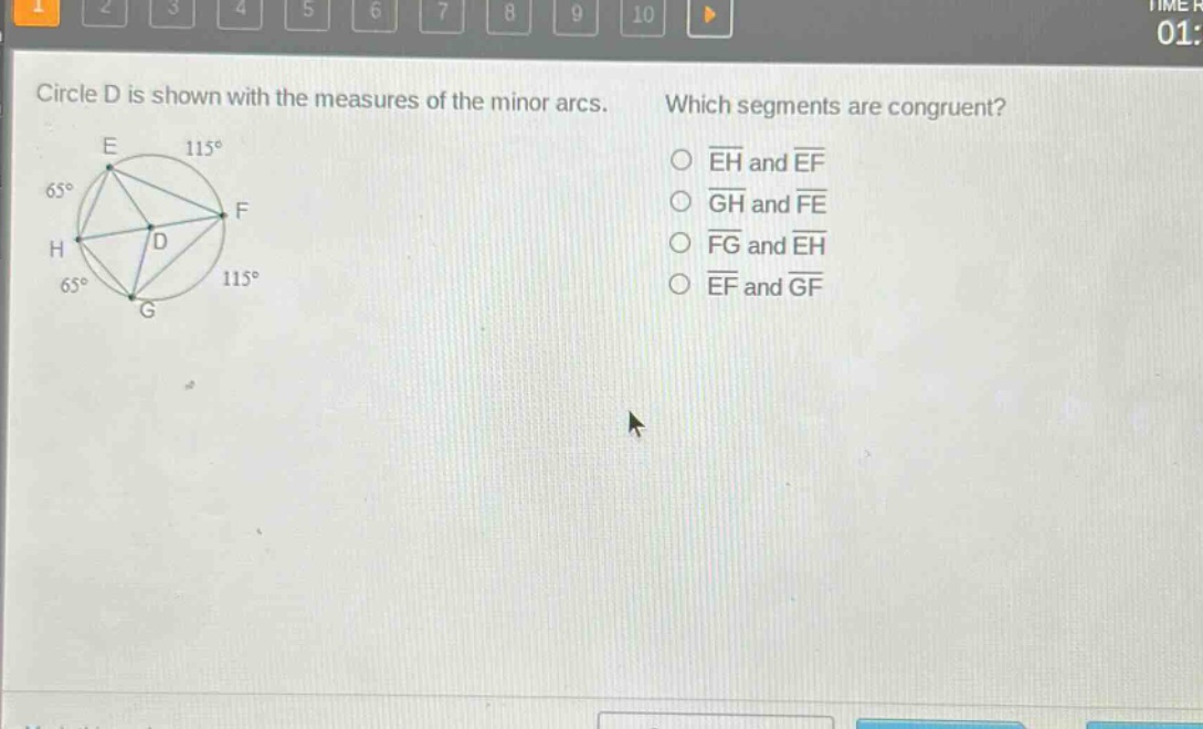 circle d is shown with the measures of the minor arcs. which segments are congruent? o eh and ef o gh and fe o fg and eh o ef and gf