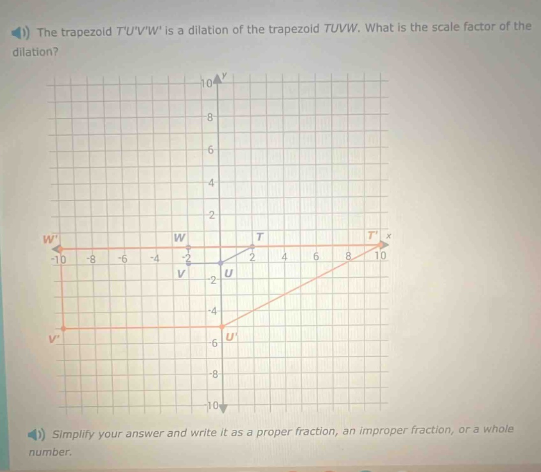 the trapezoid tuvw is a dilation of the trapezoid tuvw. what is the scale factor of the dilation? simplify your answer and write it as a proper fraction, an improper fraction, or a whole number.
