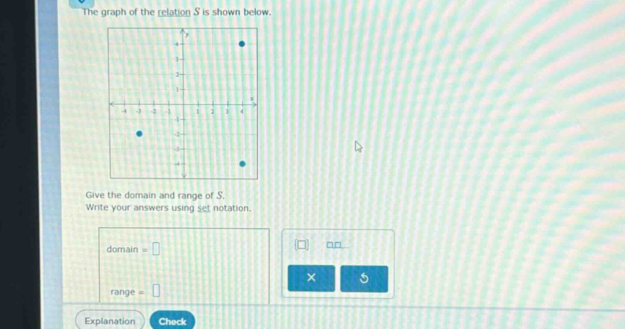 the graph of the relation s is shown below. give the domain and range of s. write your answers using set notation. domain = range =