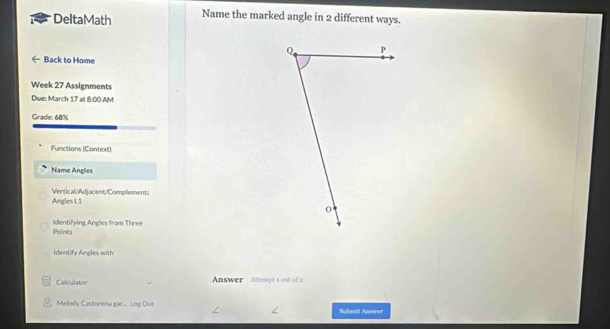 name the marked angle in 2 different ways. answer attempt 1 out of 2