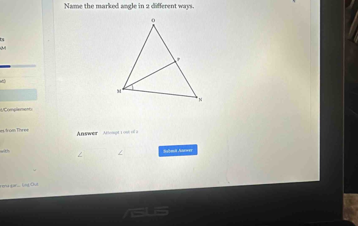 name the marked angle in 2 different ways. answer attempt 1 out of 2 submit answer