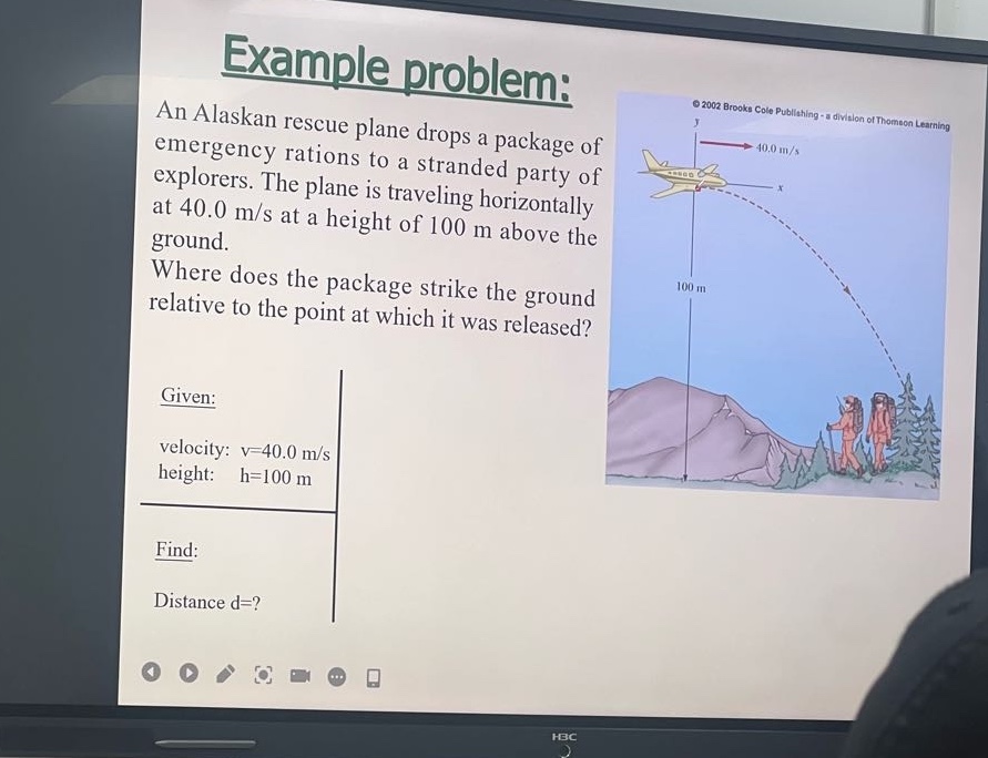 example problem: an alaskan rescue plane drops a package of emergency rations to a stranded party of explorers. the plane is traveling horizontally at 40.0 m/s at a height of 100 m above the ground. where does the package strike the ground relative to the point at which it was released? given: velocity: v = 40.0 m/s height: h = 100 m find: distance d =?