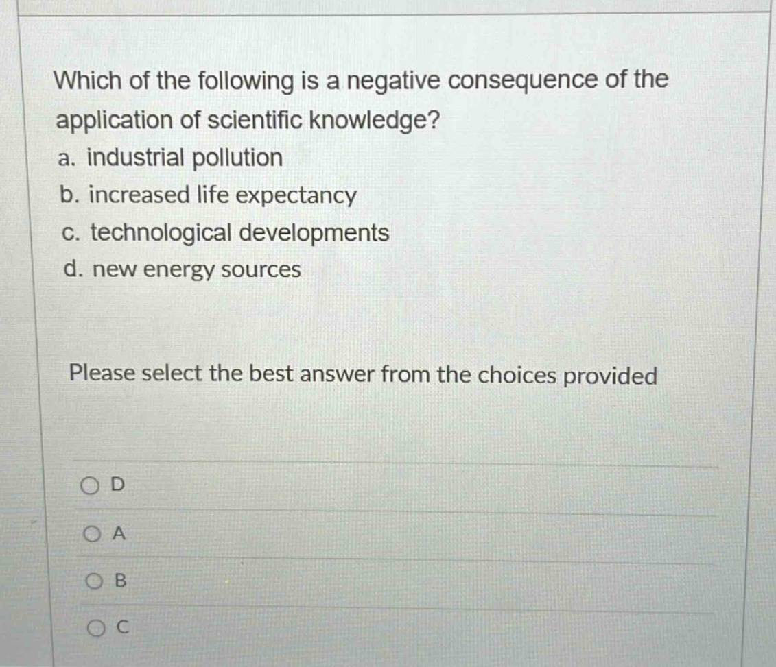 which of the following is a negative consequence of the application of scientific knowledge? a. industrial pollution b. increased life expectancy c. technological developments d. new energy sources please select the best answer from the choices provided