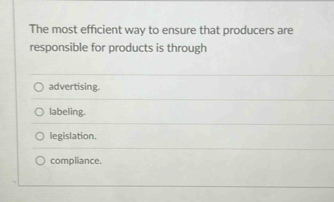 the most efficient way to ensure that producers are responsible for products is through advertising. labeling. legislation. compliance.