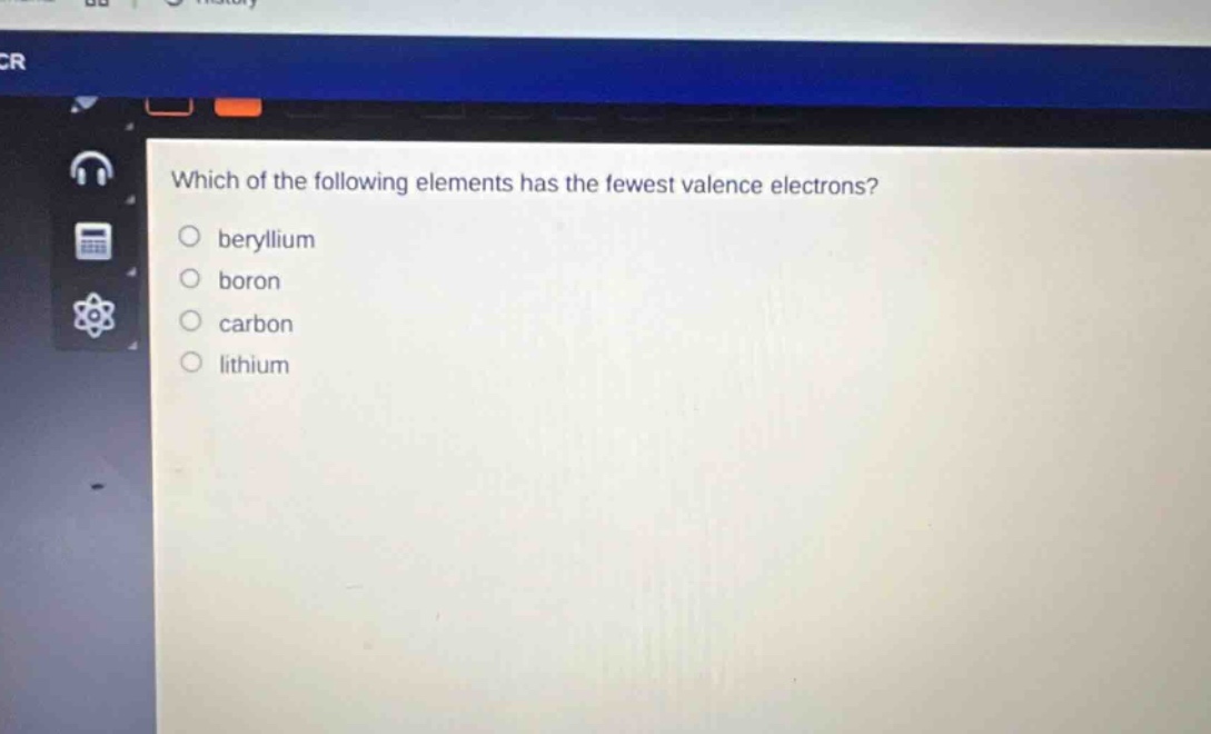 which of the following elements has the fewest valence electrons?\nberyllium\nboron\ncarbon\nlithium