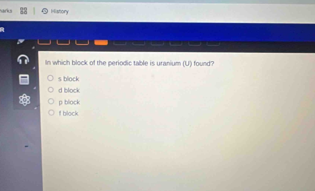 in which block of the periodic table is uranium (u) found?\no s block\no d block\no p block\no f block