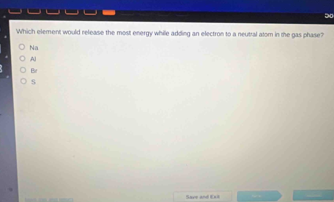 which element would release the most energy while adding an electron to a neutral atom in the gas phase?\no na\no al\no br\no s