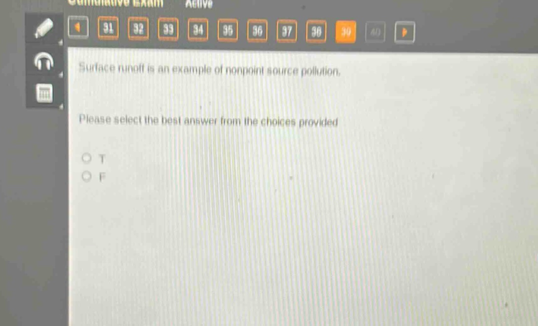 surface runoff is an example of nonpoint source pollution. please select the best answer from the choices provided o t o f