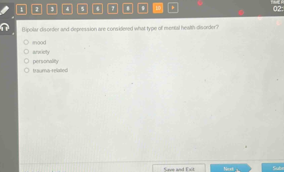 bipolar disorder and depression are considered what type of mental health disorder?\n mood\n anxiety\n personality\n trauma - related