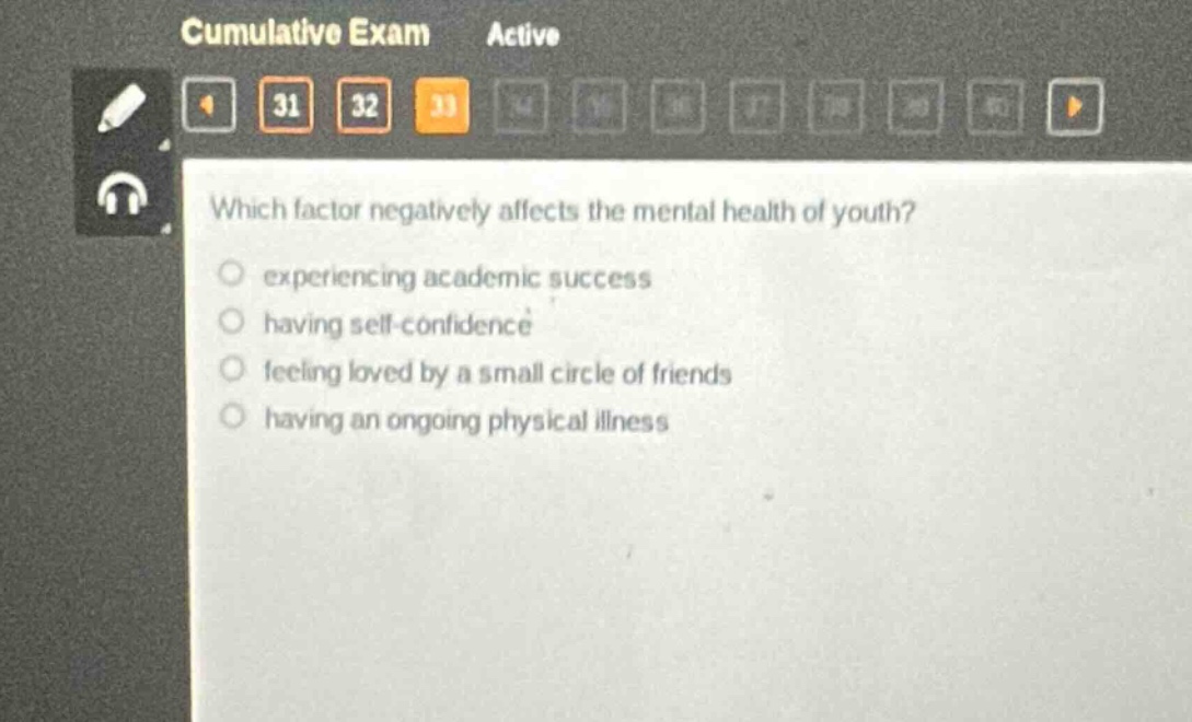 which factor negatively affects the mental health of youth? experiencing academic success having self - confidence feeling loved by a small circle of friends having an ongoing physical illness