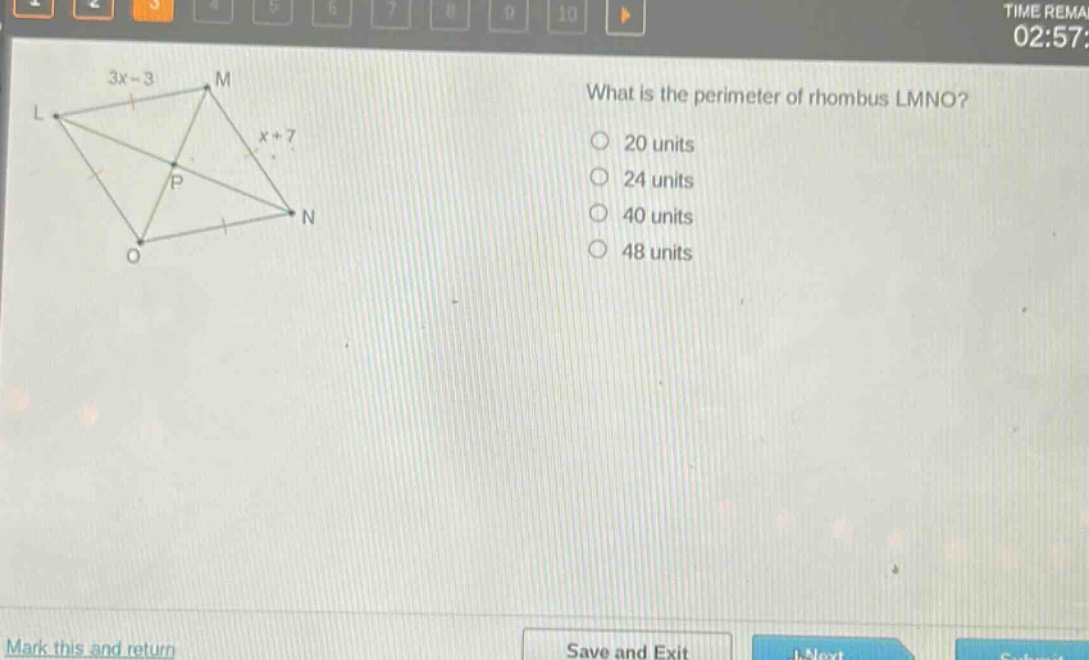 what is the perimeter of rhombus lmno? 20 units 24 units 40 units 48 units