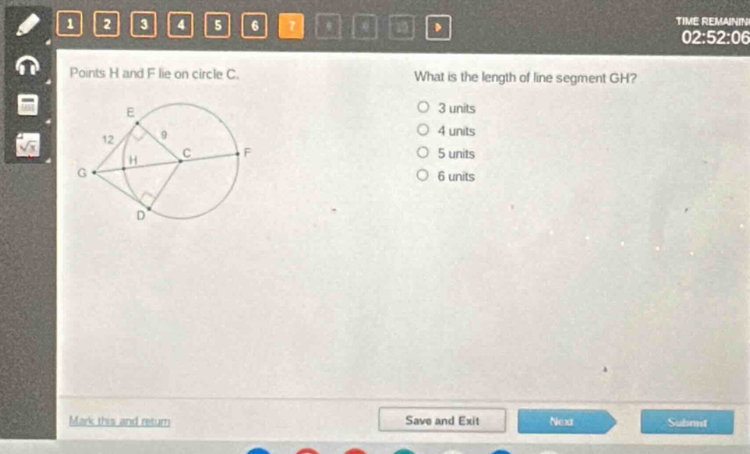 points h and f lie on circle c. what is the length of line segment gh? 3 units 4 units 5 units 6 units