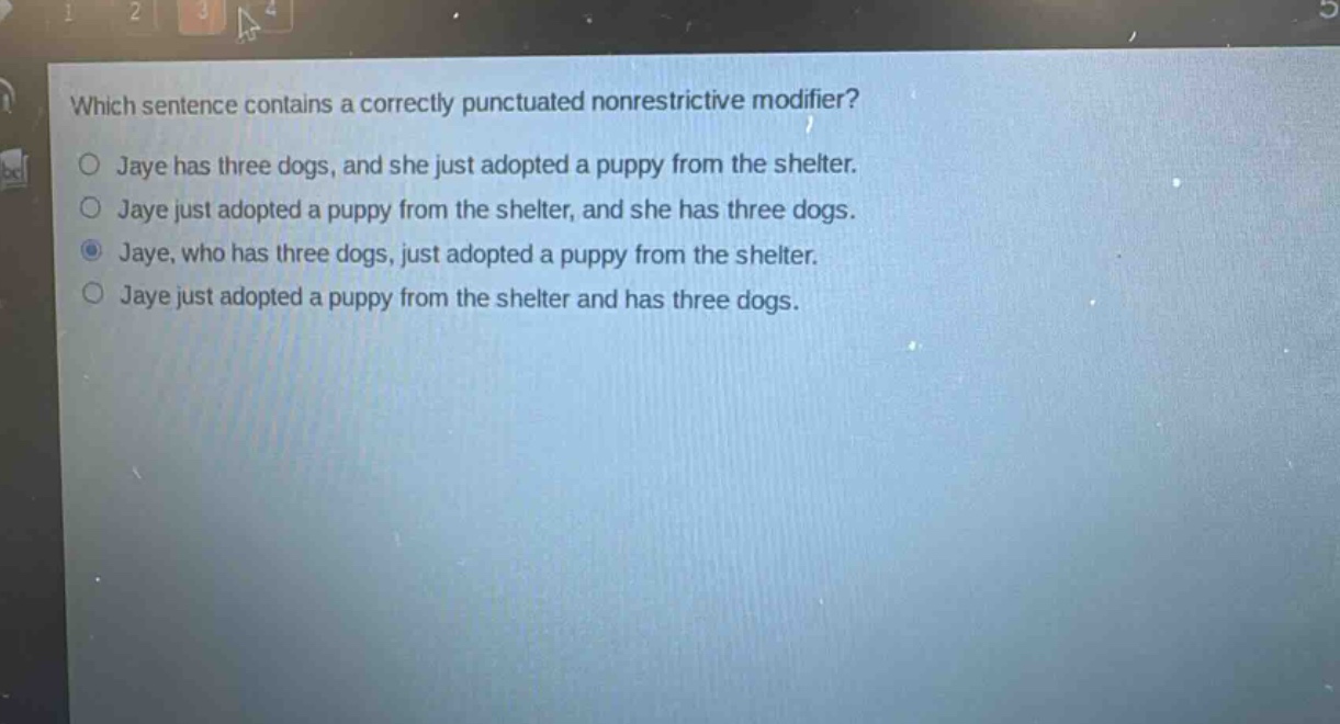 which sentence contains a correctly punctuated nonrestrictive modifier?\no jaye has three dogs, and she just adopted a puppy from the shelter.\no jaye just adopted a puppy from the shelter, and she has three dogs.\no jaye, who has three dogs, just adopted a puppy from the shelter.\no jaye just adopted a puppy from the shelter and has three dogs.