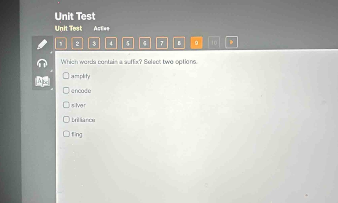 which words contain a suffix? select two options. amplify encode silver brilliance fling