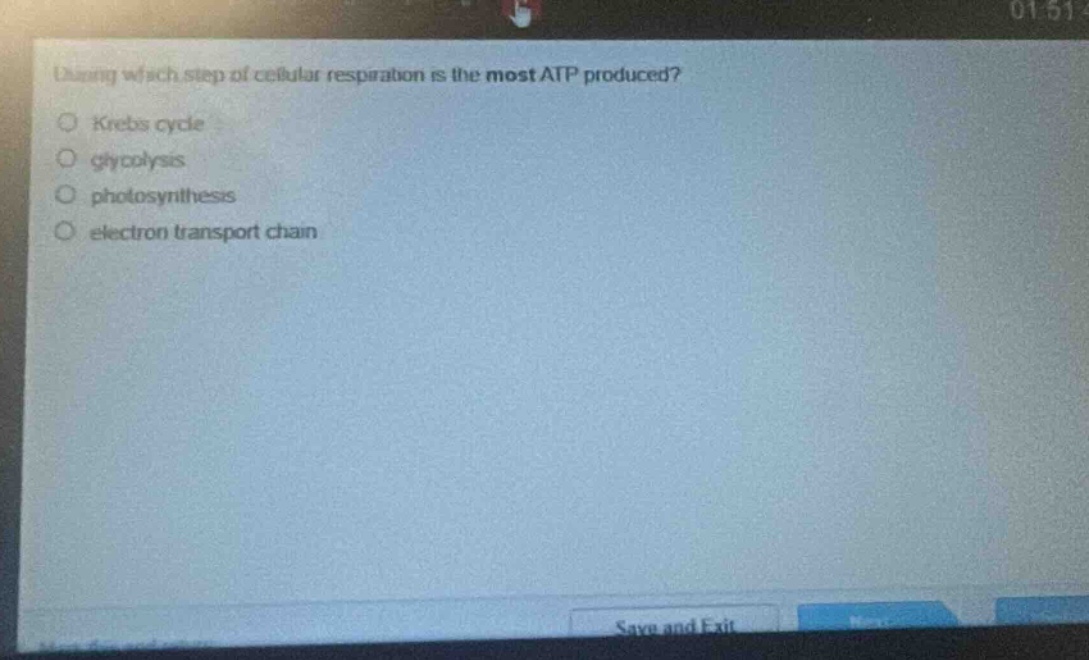 during which step of cellular respiration is the most atp produced?\nkrebs cycle\nglycolysis\nphotosynthesis\nelectron transport chain
