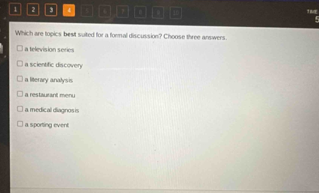 which are topics best suited for a formal discussion? choose three answers. a television series a scientific discovery a literary analysis a restaurant menu a medical diagnosis a sporting event