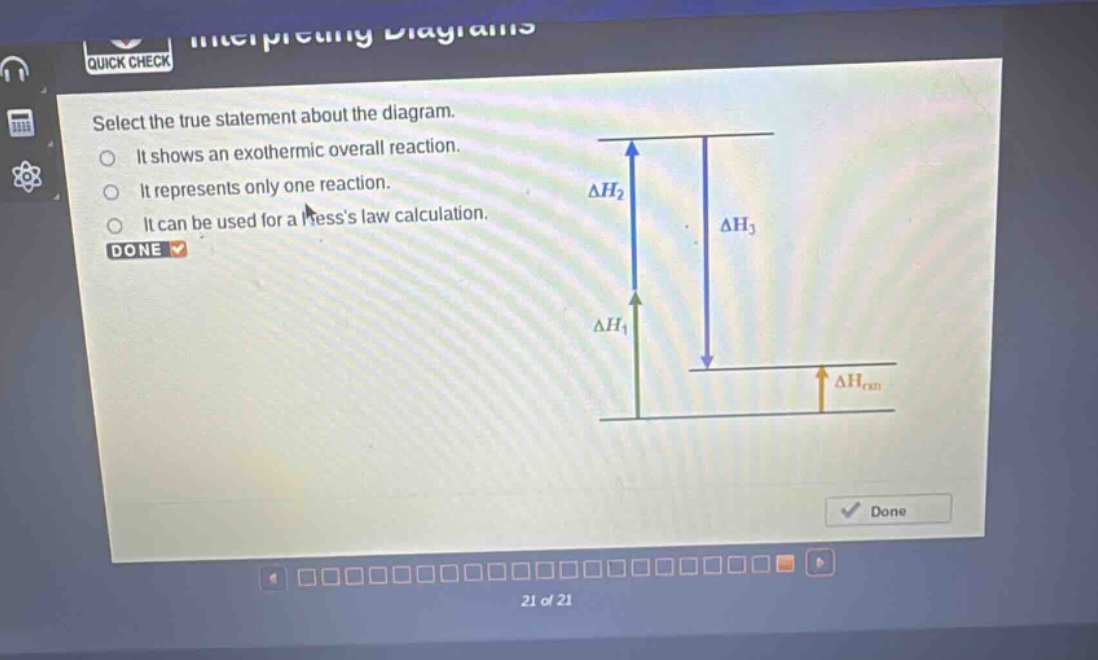 select the true statement about the diagram. it shows an exothermic overall reaction. it represents only one reaction. it can be used for a hesss law calculation. done