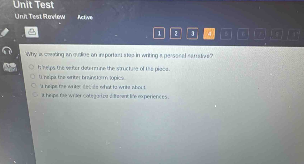 unit test unit test review active why is creating an outline an important step in writing a personal narrative? it helps the writer determine the structure of the piece. it helps the writer brainstorm topics. it helps the writer decide what to write about. it helps the writer categorize different life experiences.