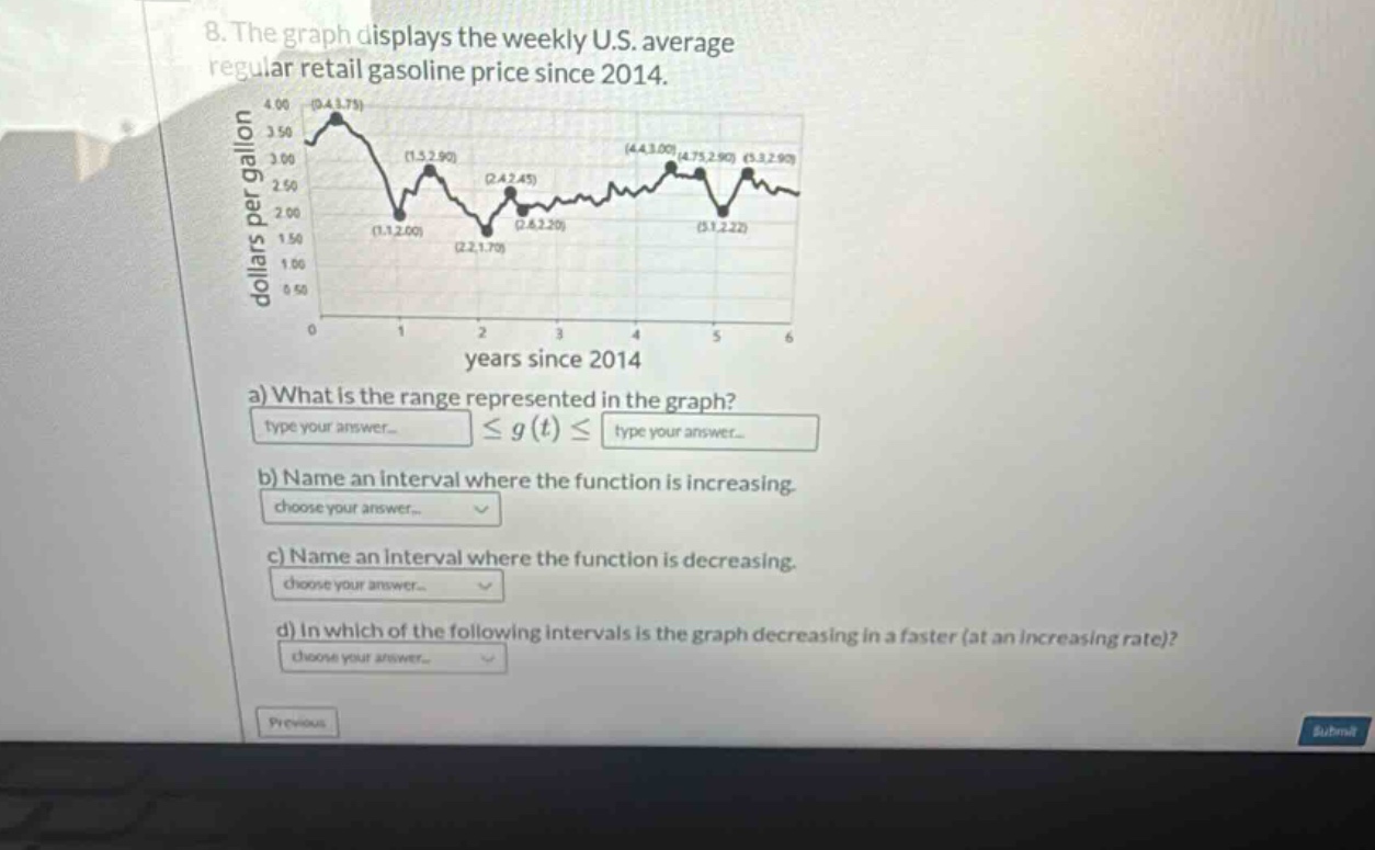 8. the graph displays the weekly u.s. average regular retail gasoline price since 2014. a) what is the range represented in the graph? type your answer... ≤ g(t) ≤ type your answer... b) name an interval where the function is increasing. choose your answer... c) name an interval where the function is decreasing. choose your answer... d) in which of the following intervals is the graph decreasing in a faster (at an increasing rate)? choose your answer...