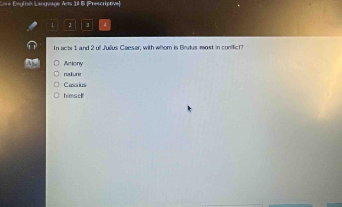 in acts 1 and 2 of julius caesar, with whom is brutus most in conflict?\nantony\nnature\ncassius\nhimself