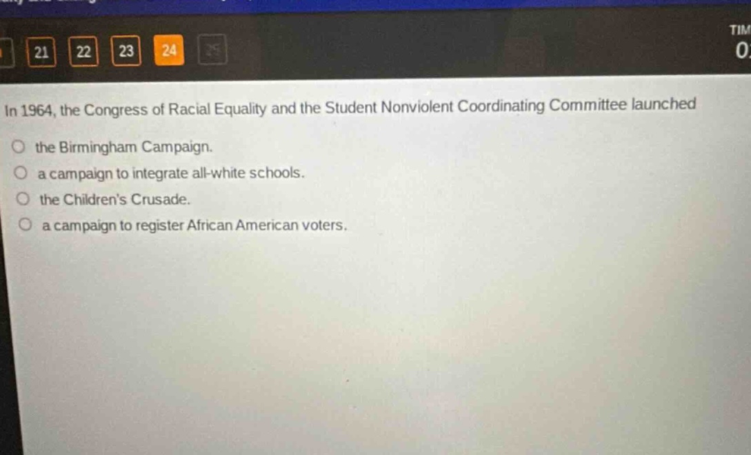 in 1964, the congress of racial equality and the student nonviolent coordinating committee launched\nthe birmingham campaign.\na campaign to integrate all - white schools.\nthe childrens crusade.\na campaign to register african american voters.