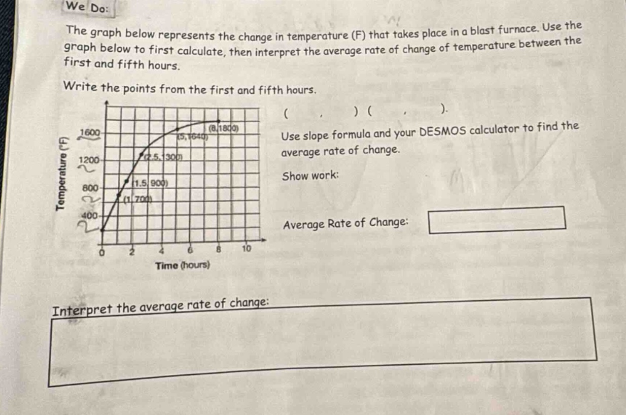 we do: the graph below represents the change in temperature (f) that takes place in a blast furnace. use the graph below to first calculate, then interpret the average rate of change of temperature between the first and fifth hours. write the points from the first and fifth hours. ( ) ( ). use slope formula and your desmos calculator to find the average rate of change. show work: average rate of change: interpret the average rate of change: