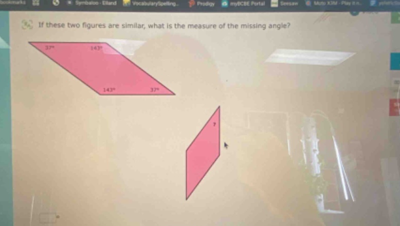 if these two figures are similar, what is the measure of the missing angle?