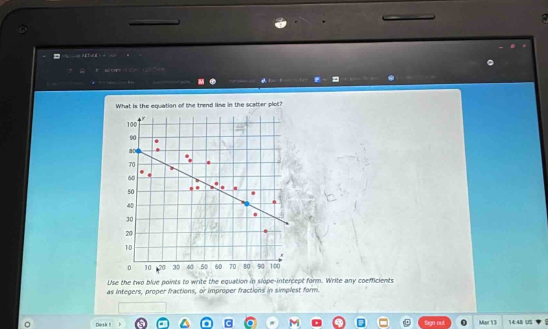 what is the equation of the trend line in the scatter plot? use the two blue points to write the equation in slope - intercept form. write any coefficients as integers, proper fractions, or improper fractions in simplest form.