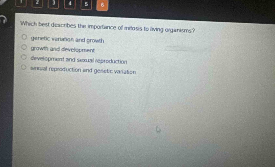 which best describes the importance of mitosis to living organisms? genetic variation and growth growth and development development and sexual reproduction sexual reproduction and genetic variation