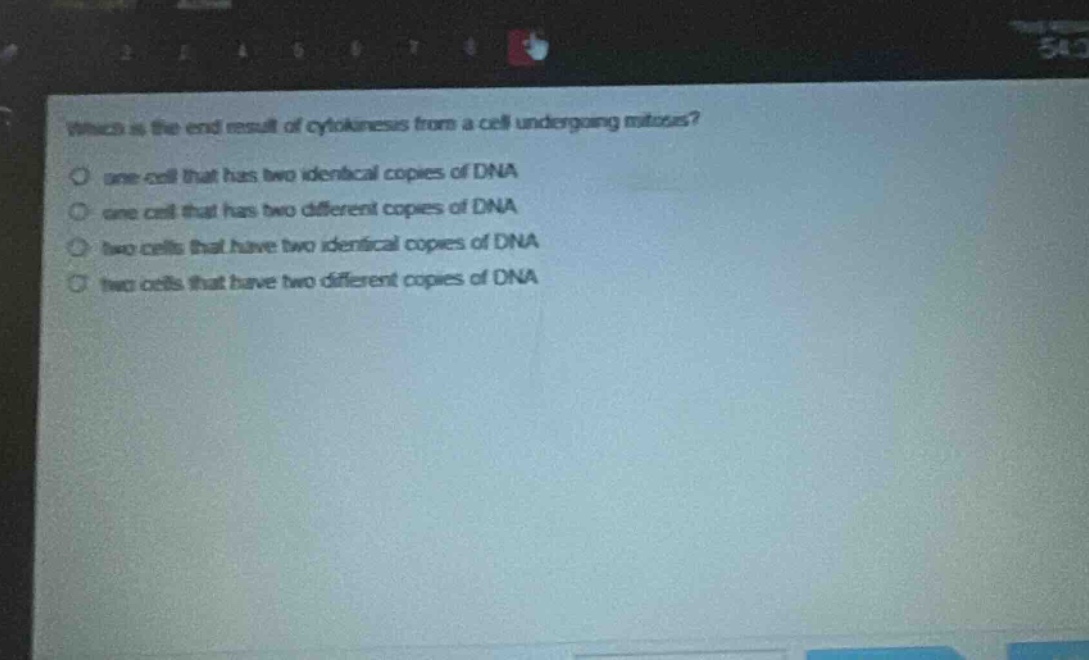 which is the end result of cytokinesis from a cell undergoing mitosis? one cell that has two identical copies of dna one cell that has two different copies of dna two cells that have two identical copies of dna two cells that have two different copies of dna