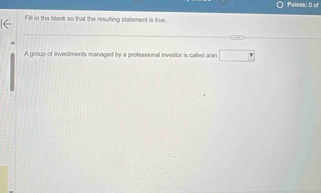 fill in the blank so that the resulting statement is true. a group of investments managed by a professional investor is called a/an