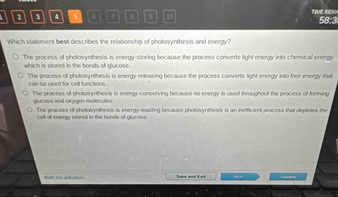 which statement best describes the relationship of photosynthesis and energy? the process of photosynthesis is energy - storing because the process converts light energy into chemical energy, which is stored in the bonds of glucose. the process of photosynthesis is energy - releasing because the process converts light energy into free energy that can be used for cell functions. the process of photosynthesis is energy - conserving because no energy is used throughout the process of forming glucose and oxygen molecules. the process of photosynthesis is energy - wasting because photosynthesis is an inefficient process that depletes the cell of energy stored in the bonds of glucose.