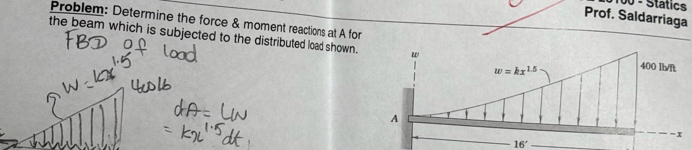 problem: determine the force & moment reactions at a for the beam which is subjected to the distributed load shown. fbd of load w = kx^1.5 400 lb/ft da = lw = kx^1.5 dt a 16